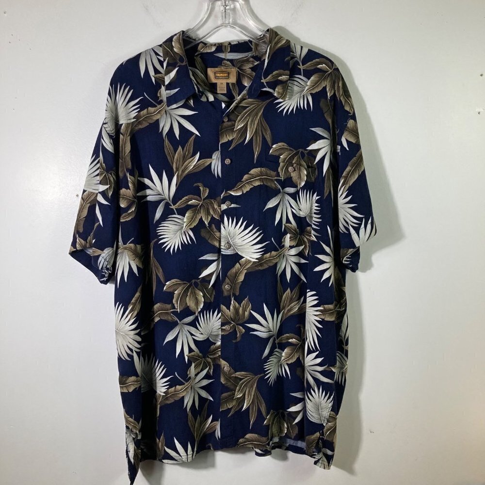 Mens The Foundry Palm‎ Leave Hawaiian Button Shirt Navy Gray Tan 2XL